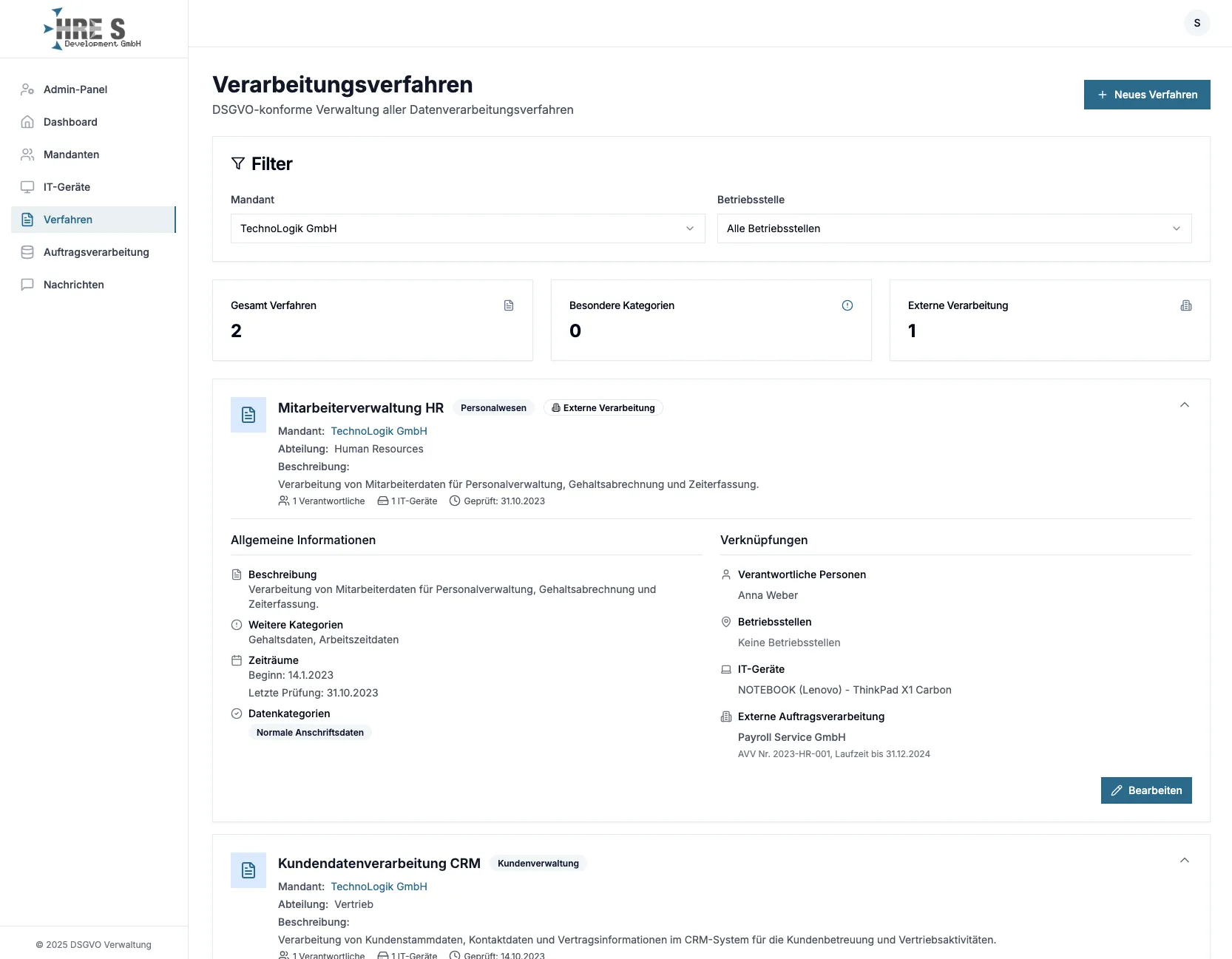 Verarbeitungsverzeichnis (VVT)